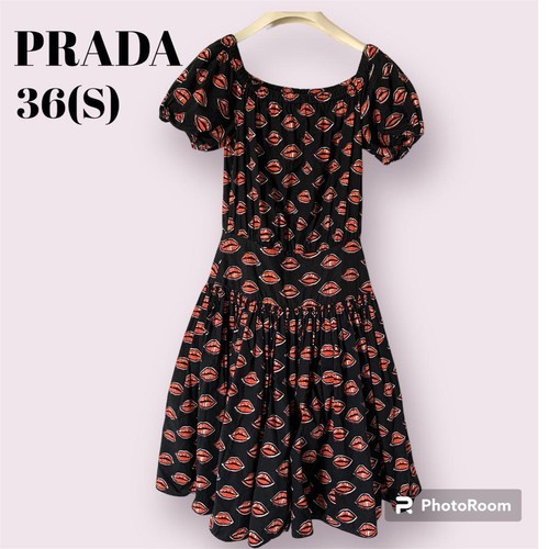 Abito svasato donna PRADA nero rosso fantasia labbra taglia S stile moda