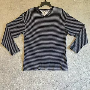 Tommy Hilfiger Mens V-Neck Sweater Sz Large Crest Dark Blue Striped Flaw - Picture 1 of 19