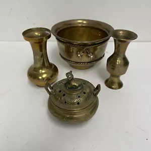 Vtg Mixed Lot of 4 Solid Brass Pieces Etched Vases Incense Burner Rope Pot Bowl - Picture 1 of 15