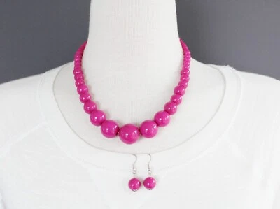 Pink graduated round bead beaded necklace earrings set 16.5" - 18" long magenta - Image 1 of 4