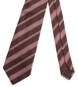 Borrelli Napoli Brown Ribbed Pink Yellow Striped Multi-Fold Woven Silk Tie - Picture 1 of 5