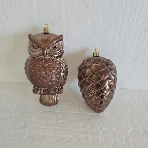 Set of 2 Plastic Christmas Ornaments - Brown Glitter Owl and Pinecone Design - Picture 1 of 6