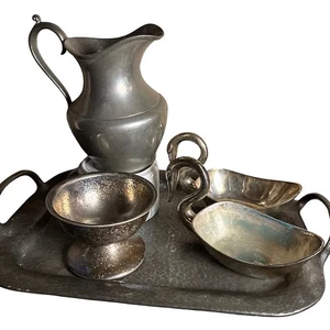 Vintage Pewter and Silverplate Tabletop Set – Swan Dishes, Pitcher, Tray & More - Picture 1 of 7