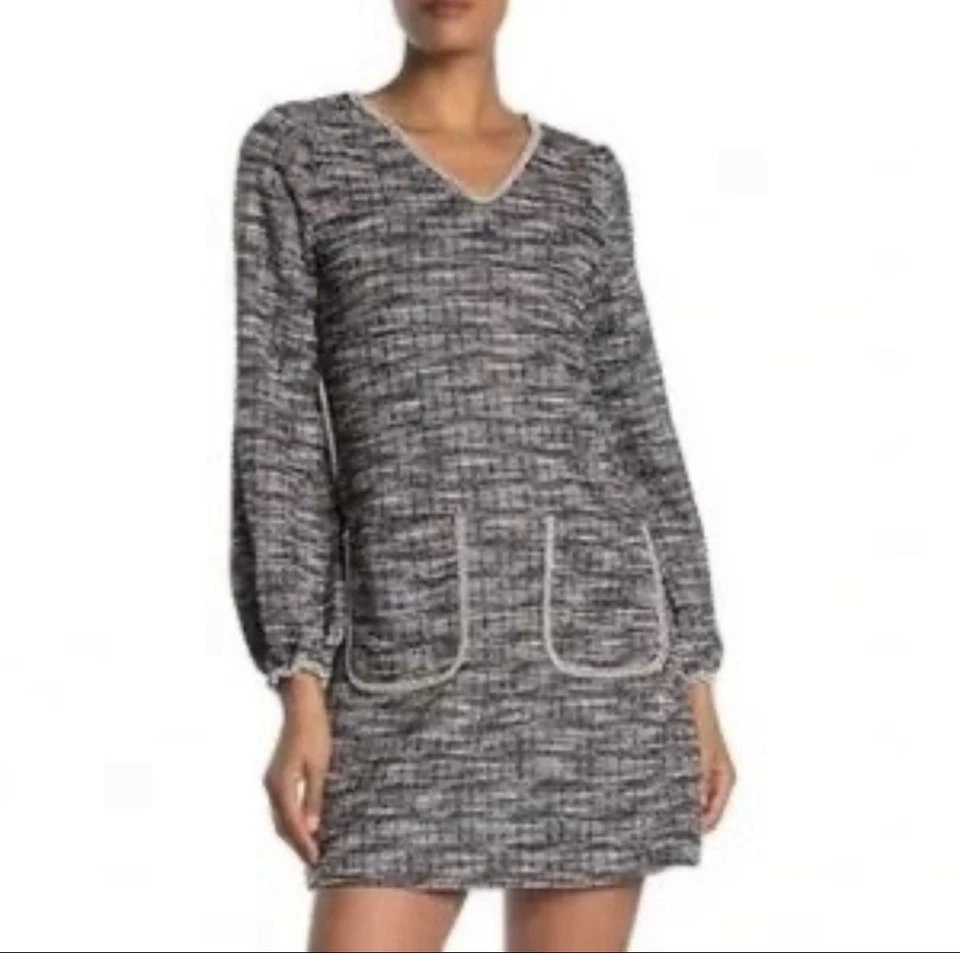 Vestido corto de tweed con cuello en V para mujer Max Studio talla S Foto 1 de 4