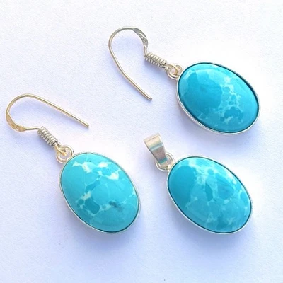 Juego de pendientes colgantes étnicos de piedras preciosas Larimar enchapados en plata de ley 925 joyas Foto 1 de 4