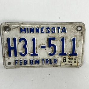 VTG Small Minnesota Utility Trailer License Plate H31 511 White & Blue Feb BW - Picture 1 of 3