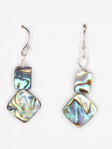 Abalone Paua Shell Earrings 10mm Square 925 Sterling Silver 1 1/4" Natural - Picture 1 of 5