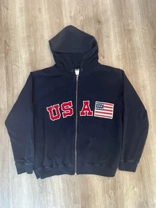 Liz Claiborne USA Hoodie XL Navy Blue Zip Up Sweatshirt American Flag Patch - Picture 1 of 14