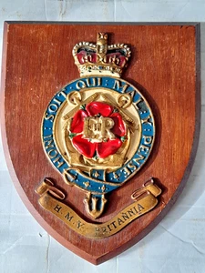 VINTAGE SHIPPING H.M.Y. BRITANNIA, WOOD/METAL SIGN SHIELD WALL PLAQUE. ' 801 ' - Picture 1 of 3