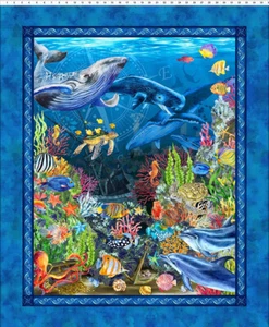 Trapunta 3 iarde tessuto cotone - ITB Jason Yenter Calypso II Fish Ocean pannello blu - Foto 1 di 1