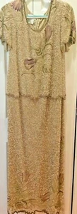 LAURENCE KAZAR Sz10 Dress Beaded Tan Chiffon Silk-Handpainted-Wedding-MINT! - Picture 1 of 12