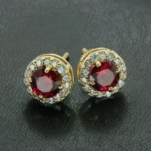 2 Ct Round Cut Lab Created Red Ruby Halo Women's Earrings 14K Yellow Gold Plated - Picture 1 of 5