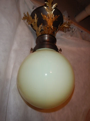 Rococo Brass Flush Mount Ceiling Light w/ Vaseline Opalescent Glass Shade Cover