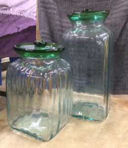 Pair Vintage Green & Blue Glass Hand Blown Mexican Storage Jar & Lid Canister - Picture 1 of 7