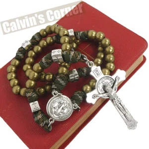 St Benedict Paracord Rosary Necklace Army Green Metal Bead Crucifix Cross 20" - Picture 1 of 7