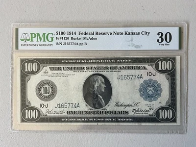 1914 U.S. $100 DOLLARS FEDERAL RESERVE KANSAS CITY. PMG 30. - Image 1 of 2