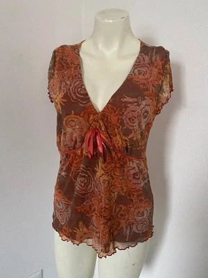 Blusa Mexx y2k Naranja Rojo Talla L Lazo Manga Corta Floral Cuello en V dn25 Foto 1 de 4