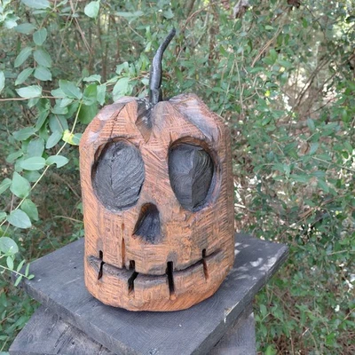 Motosserra escultura Jack O lanterna abóbora 9" arte popular abóbora Halloween feita à mão  - Imagem 1 de 4