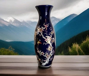 Yamato Japan Porcelain Cobalt Blue Gold Rimmed Pink  Floral, Bird Vase Vintage - Picture 1 of 4