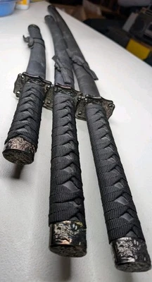 SAMURAI SWORD Set 3 Black Silver Japanese Stand Stainless Steel Home Asian Decor - Image 1 of 4