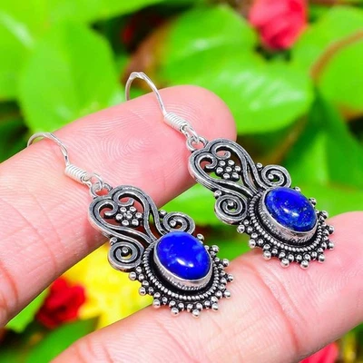 Lapis Lazuli Gemstone Handmade 925 Sterling Silver Jewelry Earring 1.77" j771 - Image 1 of 4