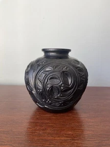 Vintage Black Satin Glass Vase with Vines, Leaves and Berries ~ Made in France - Picture 1 of 13