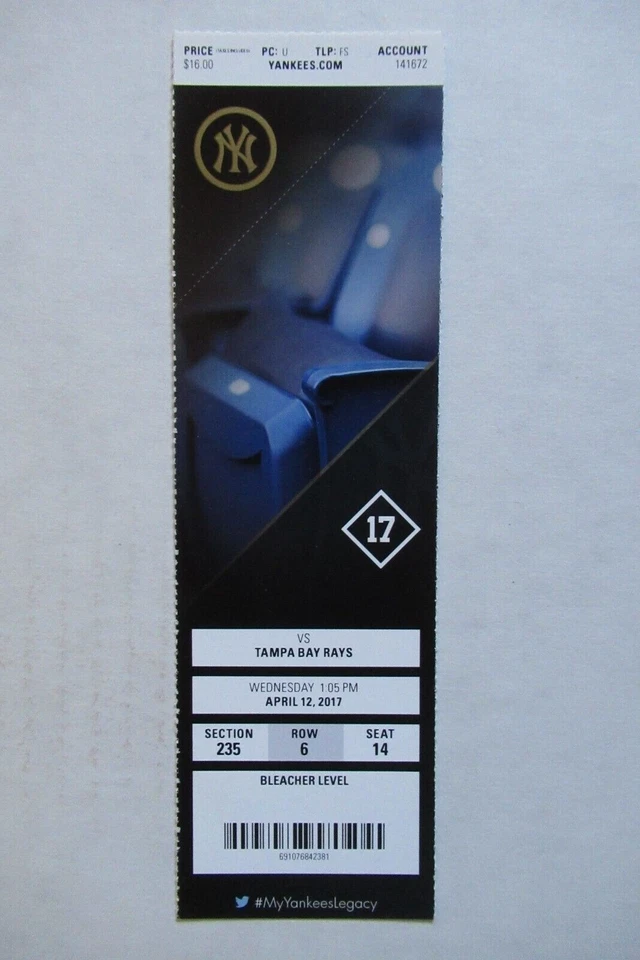 Boleto completo New York Yankees vs Tampa Bay Rays 12/04/2017 ~ Aaron Judge HR Foto 1 de 1