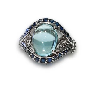 MADAGASCAR PARAIBA APATITE & BLUE SAPPHIRE COCKTAIL STERLING SILVER RING - Picture 1 of 12