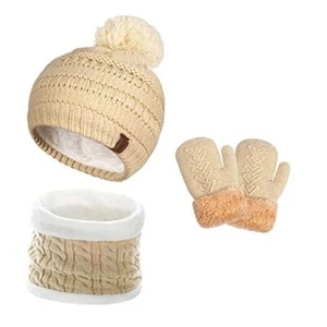 Kids Winter Beanie Hat Scarf Gloves Set with Fleece Medium 1-5 Years Beige - Picture 1 of 7