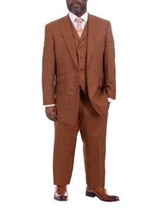 Apollo King Classic Fit Rust Brown Check Three Piece Wool Suit With Peak Lapels - Picture 1 of 7
