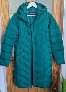 WOMENS DESIGNER LANDS END JADE GREEN DOWN FILLED LONG PUFFER COAT SIZE SMALL - Picture 1 of 8
