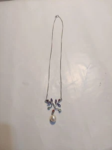 Sterling Silver Lady's Necklace Pearl Pendant With Amethyst High Lights 15" .925 - Picture 1 of 4