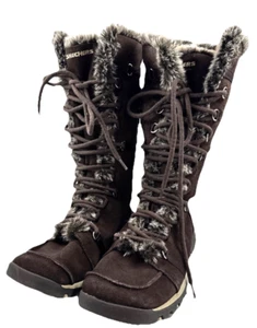 Skechers Originals Women’s 8.5 Brown Leather Boots Faux Fur Side Zip Lace Up - Picture 1 of 10