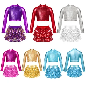 Kids Girls Dancewear Ballerina Crop Top With Culottes Shiny Sequins Mock Neck - Picture 1 of 61