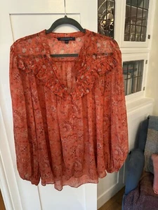 French Connection Size 14 Chiffon Blouse Top Tunic Orange Long Balloon Sleeve - Picture 1 of 5