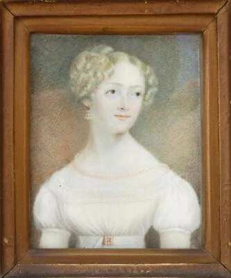 Antique c1800 Regency Portrait Miniature Watercolour Lady w Pearl Necklace - Image 1 of 4