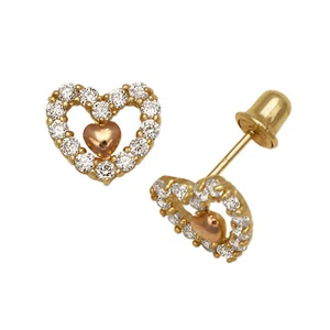 14K Yellow Gold Zircon Open Heart Stud Screwback Earrings - Picture 1 of 1