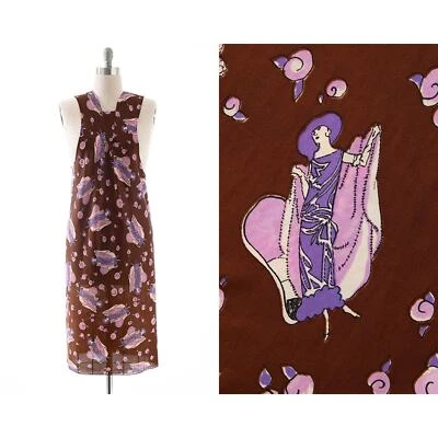 Vestido Vintage Años 70 Novedad Estampado Art Deco Dama Marrón Jersey Sin Mangas Midi Foto 1 de 4