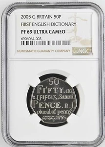 2005 GREAT BRITAIN 50 PENCE NGC PF-69 ULTRA CAMEO FIRST ENGLISH DICTIONARY - Picture 1 of 2