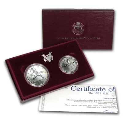 (1) 1992 Olympic Baseball Silver Dollar & Half Dollar MS/UNC 2 Coin Set wBox&COA - Image 1 of 3