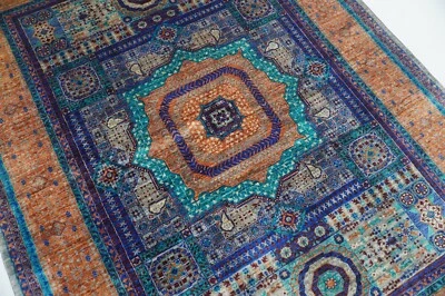 6 x 8 ft Blue Orange Mamluk Afghan Hand Knotted Wool Medallion Area Rug - Image 1 of 4