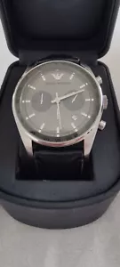EMPORIO ARMANI AR5994 CHRONOGRAPH BLACK LEATHER STRAP MEN'S WATCH - Picture 1 of 17