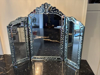 Ornate Victorian Venetian Mirror Etched Vanity Table Hangable Beveled - Image 1 of 4
