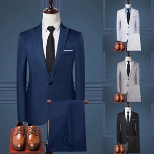 Mens Pieces Suit Elegant Solid One Button Slim Fit Single Breasted Party Suit - Picture 1 of 33
