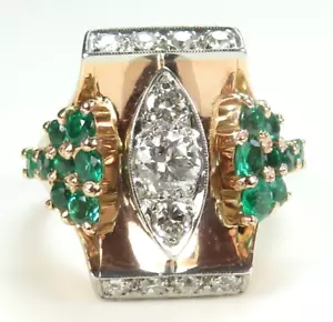 Retro 1940's Diamond Colombian Emerald 14KR Plat Ring Size 7.5 UK-O1/2 EGL USA - Picture 1 of 19