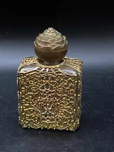 Bottiglia profumo vetro Lalique ornata ottone metallo oro coperchio acqua santa - Foto 1 di 8