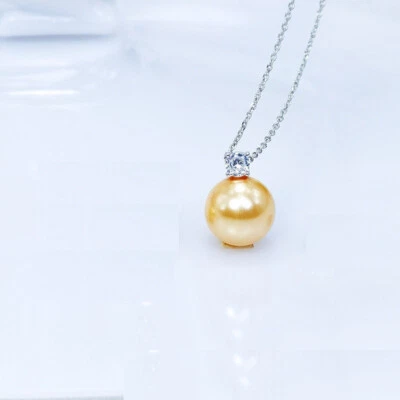 18" natural 10mm AAA south sea golden perfect round pearl necklace pendant 925S - Image 1 of 4