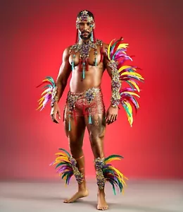 Caribbean Carnival Costume Feathers Tropical Colorful Beaded Men Sexy Dancer - Picture 1 of 7