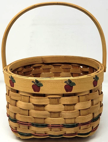 Handled Wicker & Wood Picnic Basket Red Apple Decoration & Colored Accent Weave Cover