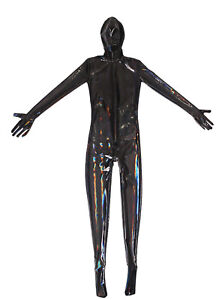 Men Synthetic Latex Zipper Crotch Bodysuit Full Body Catsuit Attached Hood Glove